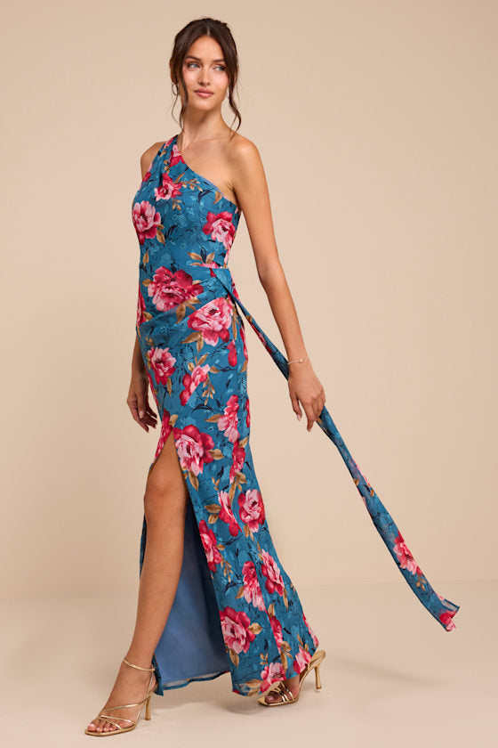Miki Blue Floral Print One-Shoulder Sash Maxi Dress