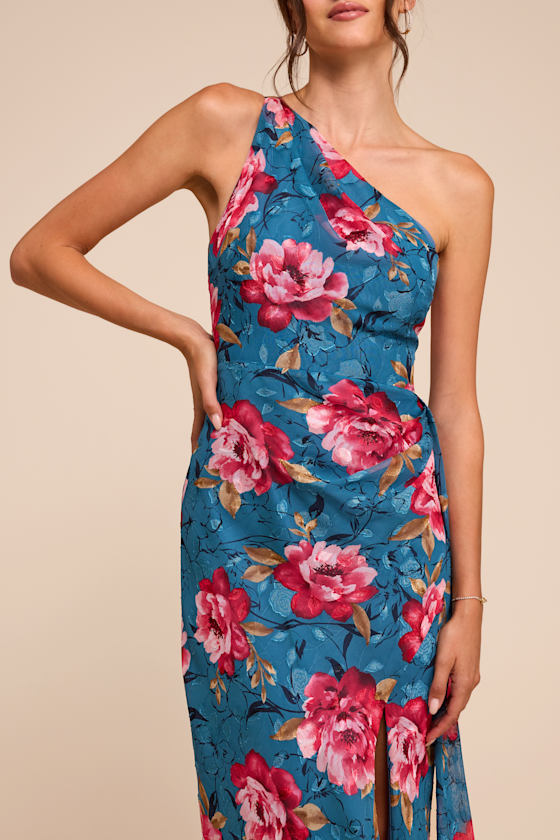 Miki Blue Floral Print One-Shoulder Sash Maxi Dress