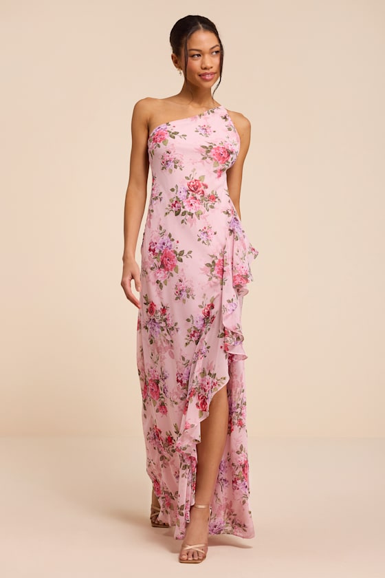 Haley Pink Floral Print One-Shoulder Ruffled Maxi Dress