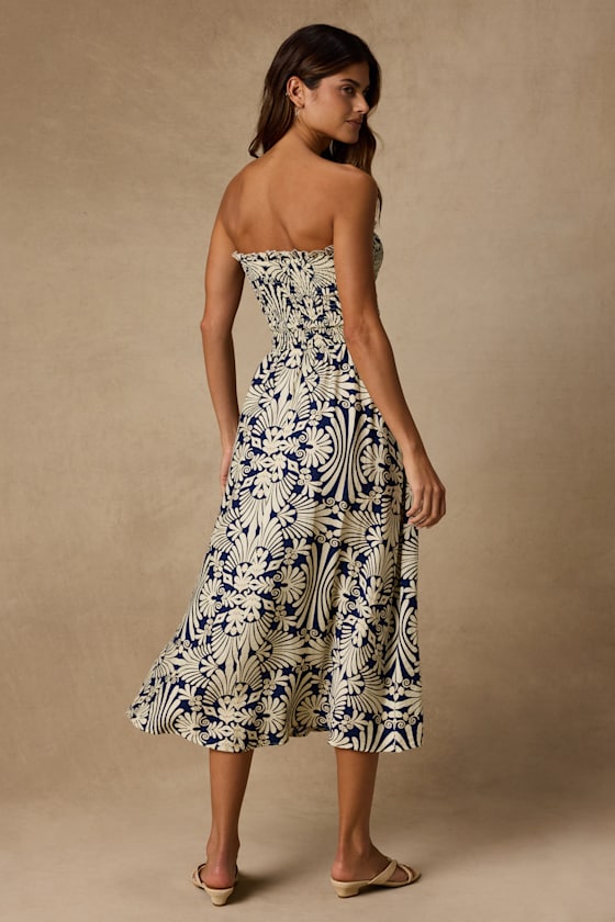 Megana Navy and Ivory Boho Print Smocked Midi Dress
