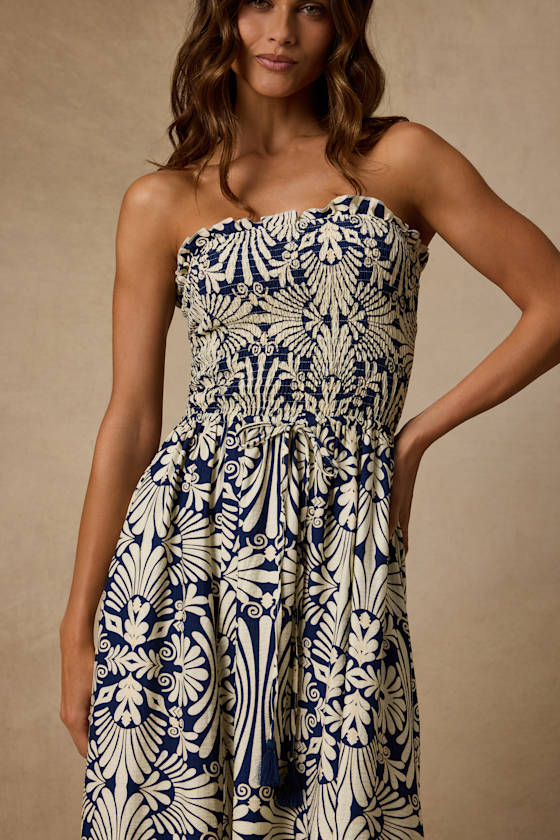 Megana Navy and Ivory Boho Print Smocked Midi Dress