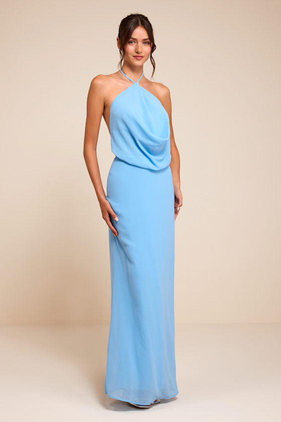 Piper Light Blue Cowl-Front Maxi Dress