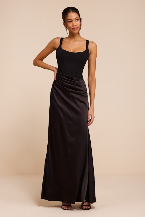 Irene Black Mixed Media Bustier Maxi Dress