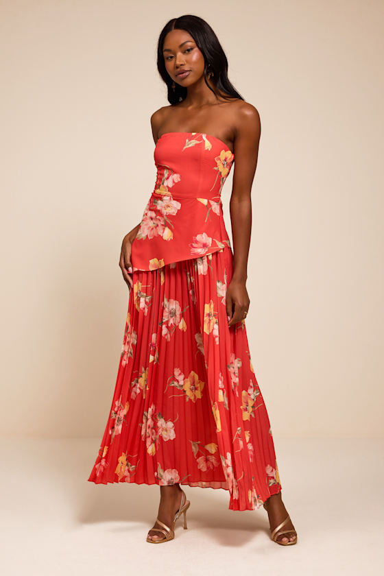 Novena Red Orange Multi Floral Drop Waist Midi Dress