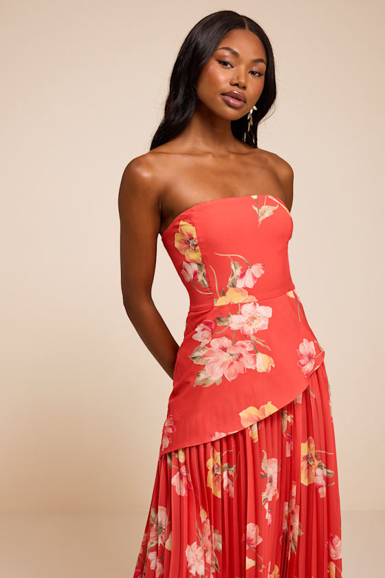 Novena Red Orange Multi Floral Drop Waist Midi Dress