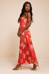 Novena Red Orange Multi Floral Drop Waist Midi Dress