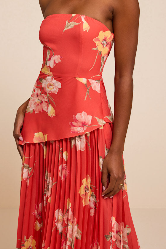 Novena Red Orange Multi Floral Drop Waist Midi Dress