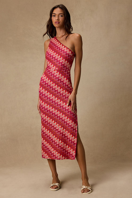 Reya Pink Multi Crochet Chevron One-Shoulder Midi Dress