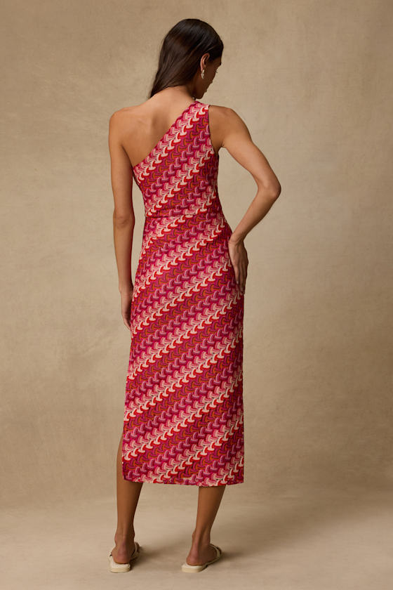 Reya Pink Multi Crochet Chevron One-Shoulder Midi Dress