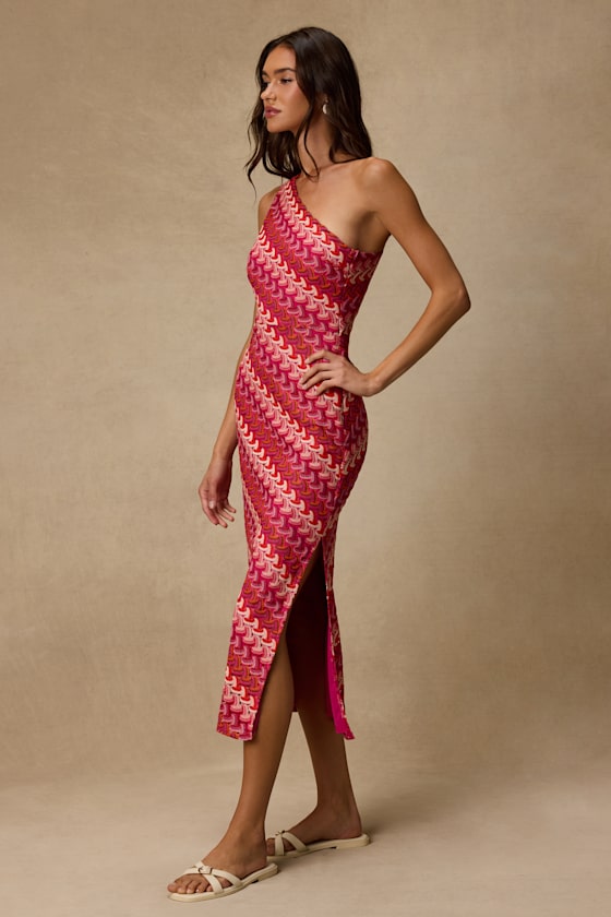 Reya Pink Multi Crochet Chevron One-Shoulder Midi Dress