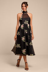 Kira Black Embroidered Halter Midi Dress