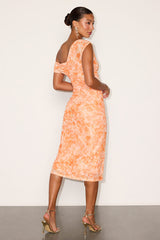 Moriah Light Orange Floral Mesh Asymmetrical Midi Dress
