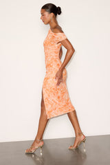 Moriah Light Orange Floral Mesh Asymmetrical Midi Dress