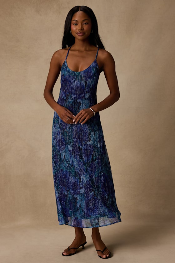 Minnia Blue Multi Floral Lurex Midi Dress