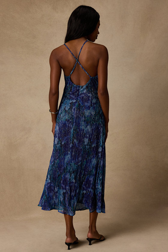 Minnia Blue Multi Floral Lurex Midi Dress