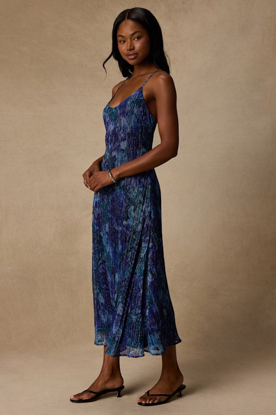 Minnia Blue Multi Floral Lurex Midi Dress