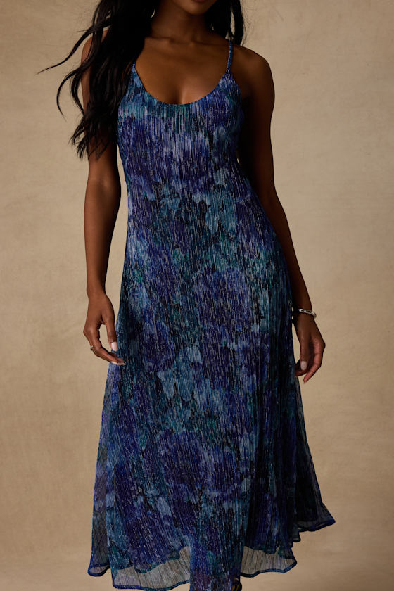 Minnia Blue Multi Floral Lurex Midi Dress