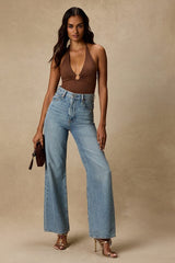 Nabella Brown Jersey Knit Lace-Up Bodysuit