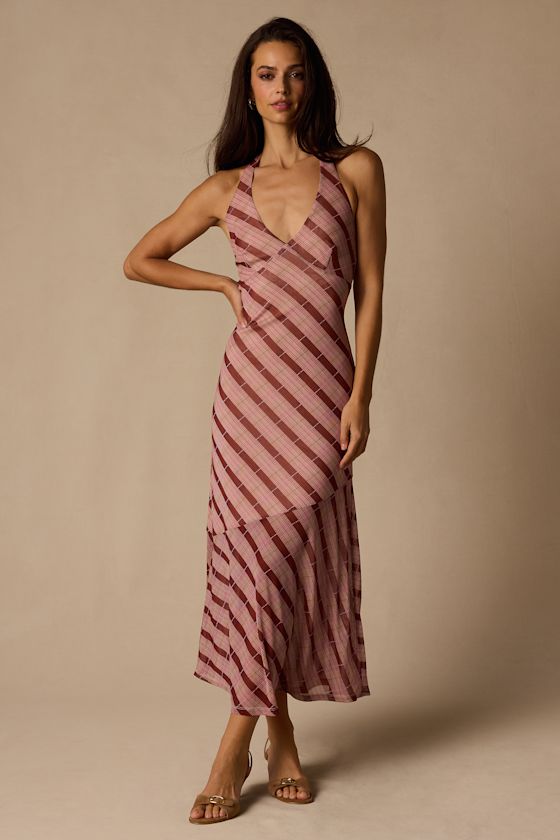 Rachel Mauve Multi Plaid Mesh Halter Midi Dress