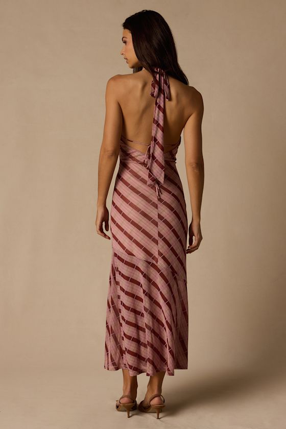 Rachel Mauve Multi Plaid Mesh Halter Midi Dress