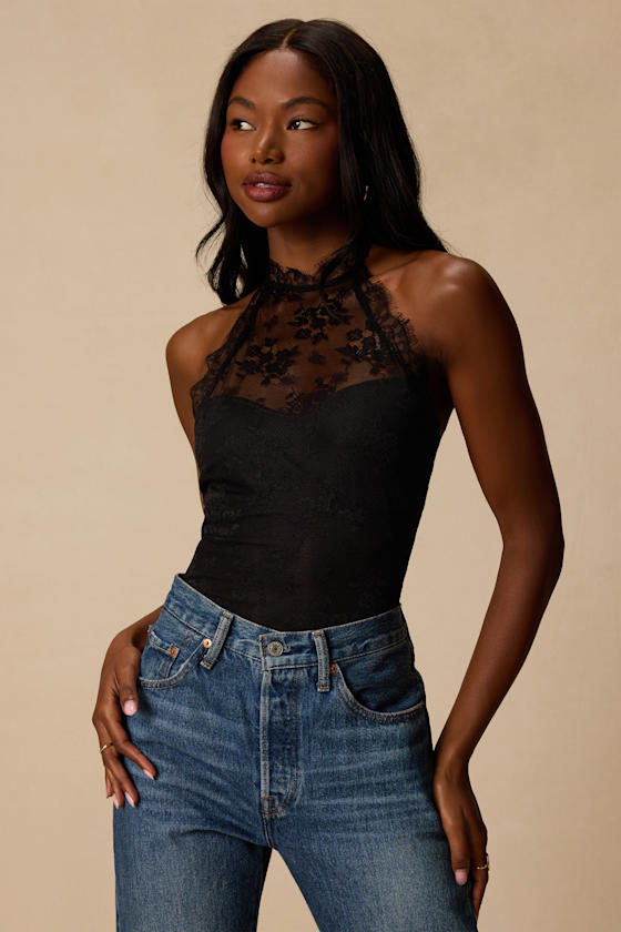 Cambrie Black Lace Halter Bodysuit