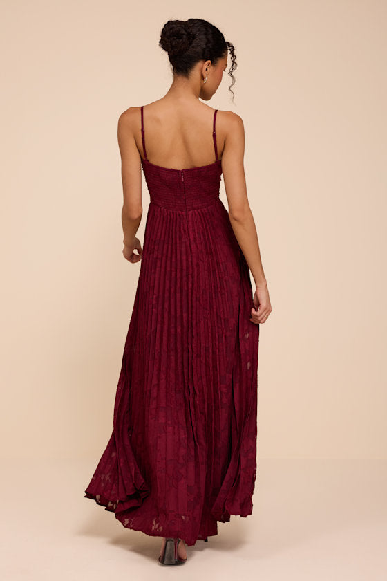 Dacie Burgundy Floral Burnout Pleated Bustier Maxi Dress