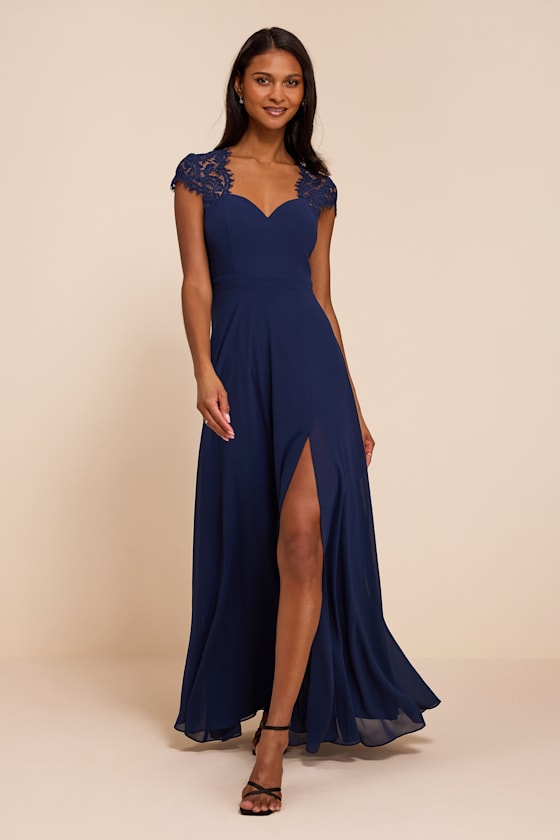 Momentous Moments Dark Blue Lace Backless Maxi Dress