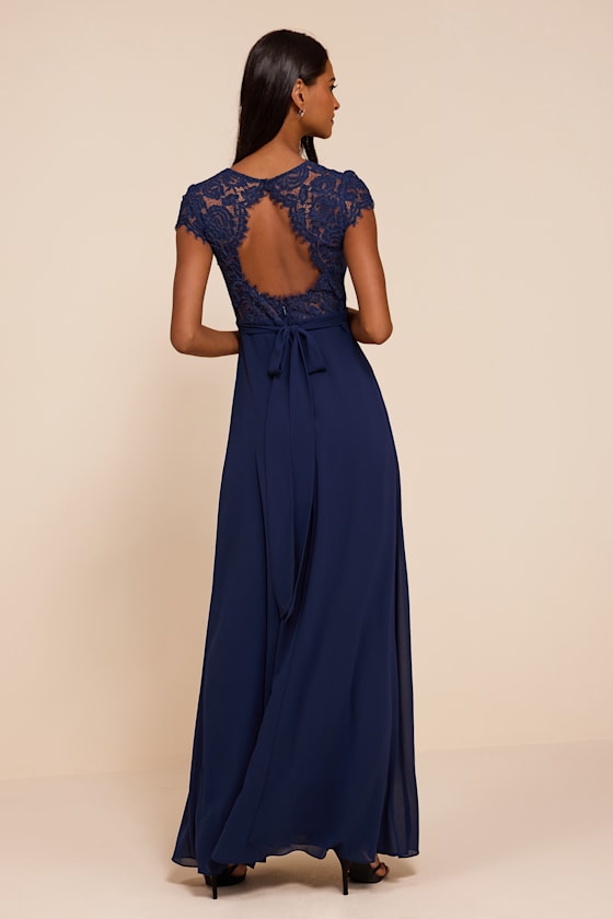 Momentous Moments Dark Blue Lace Backless Maxi Dress