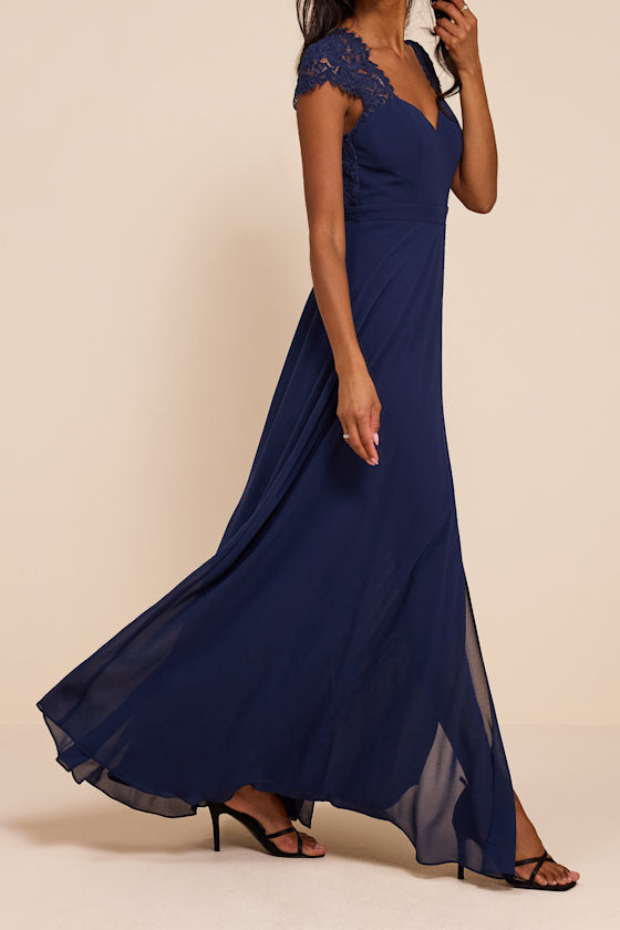 Momentous Moments Dark Blue Lace Backless Maxi Dress