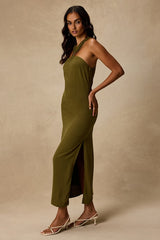 Calessia Olive Green Linen Halter Neck Midi Dress
