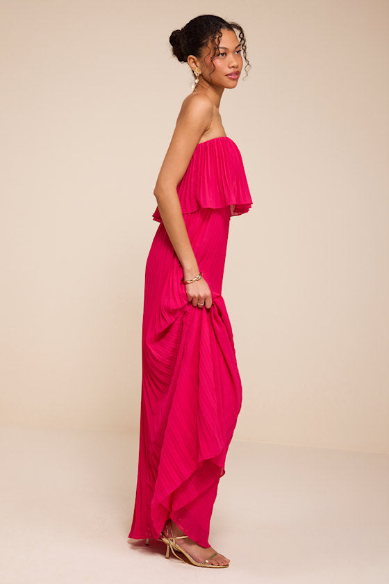 Arietta Hot Pink Pleated Strapless Maxi Dress