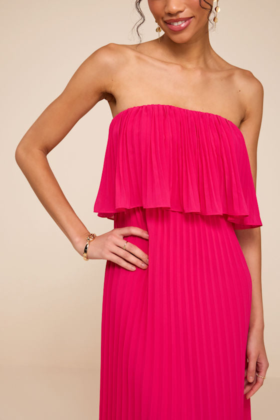 Arietta Hot Pink Pleated Strapless Maxi Dress