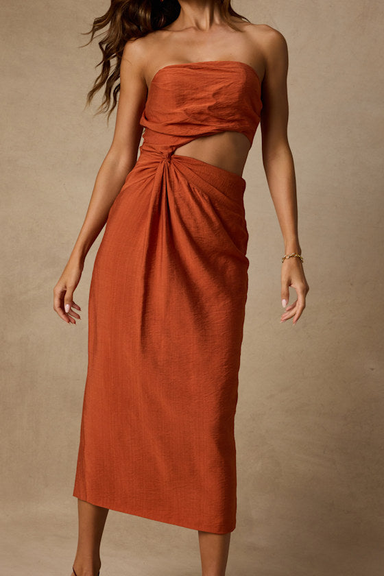 Zisel Terracotta Cutout Strapless Midi Dress