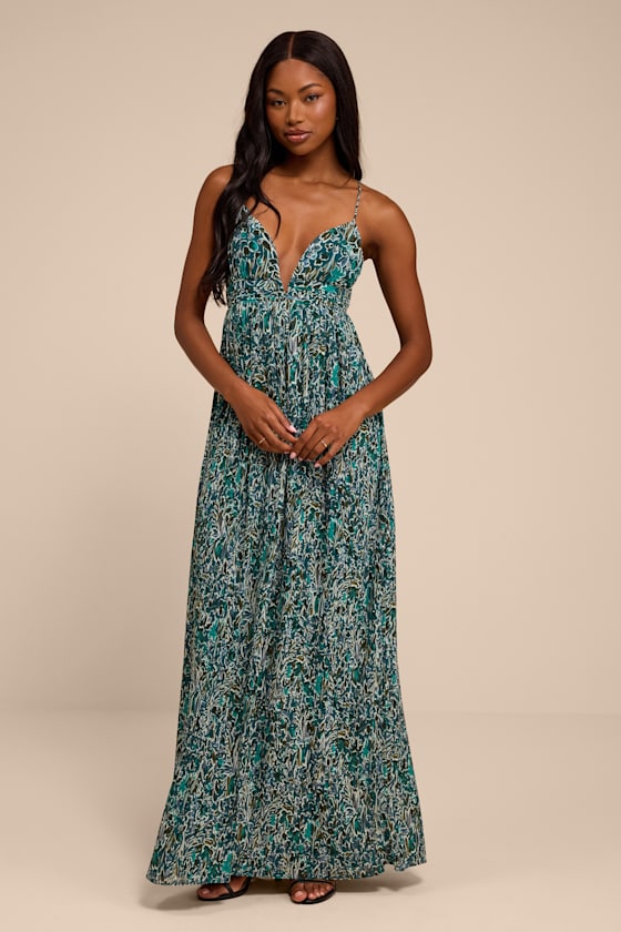 Kit Teal Multi Floral Pleated Lace-Up Maxi Dress