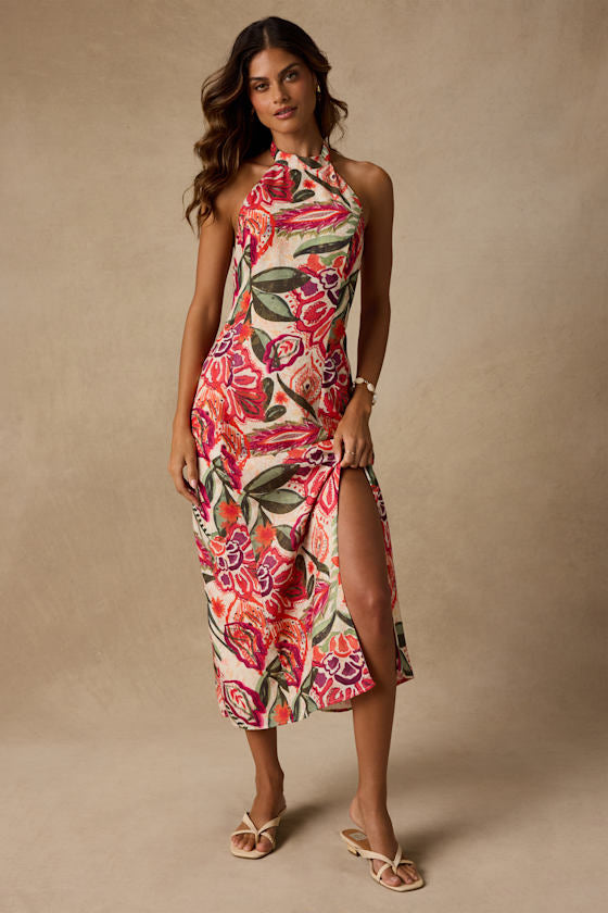 Paloma Ivory Multi Floral Halter Midi Dress