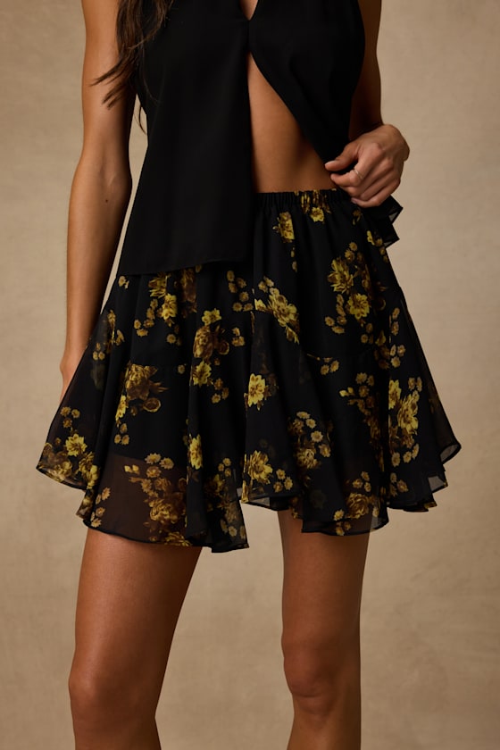 Rylan Black Floral Skater Mini Skirt