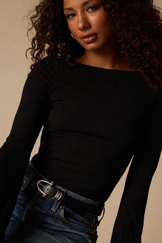 Maelis Black Ribbed Knit Long Sleeve Boat Neck Top