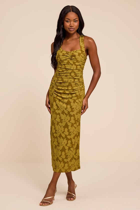 Delena Olive Jacquard Ruched Halter Midi Dress