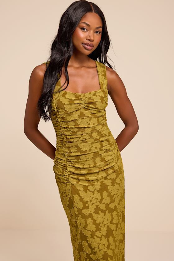Delena Olive Jacquard Ruched Halter Midi Dress