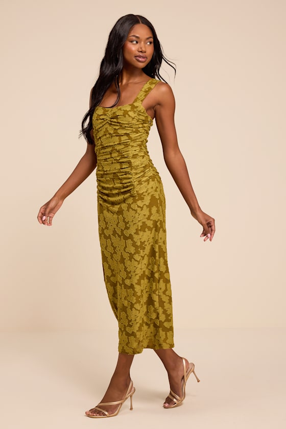 Delena Olive Jacquard Ruched Halter Midi Dress