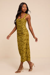Delena Olive Jacquard Ruched Halter Midi Dress