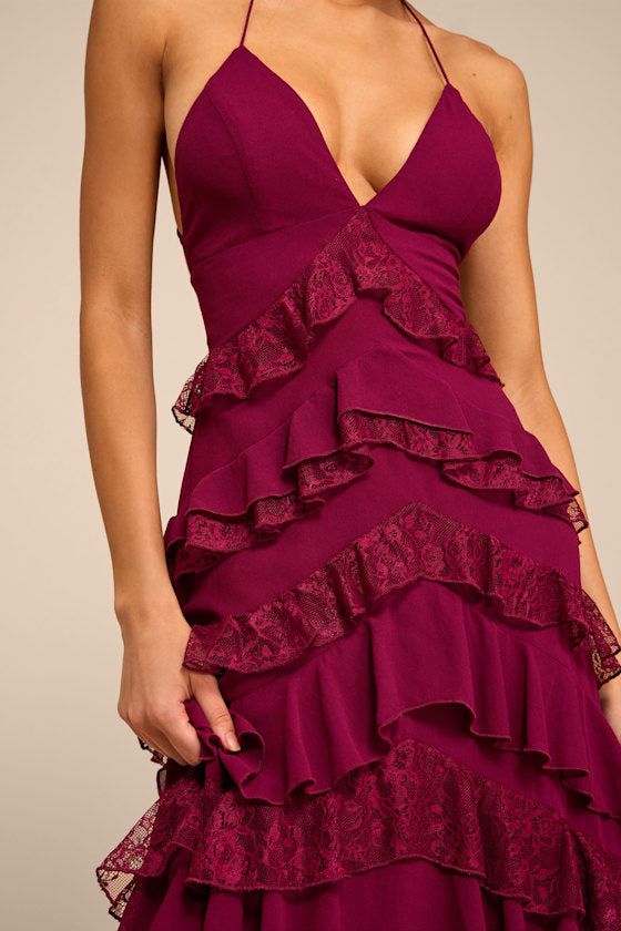 Melena Burgundy Ruffled Lace Midi Dress