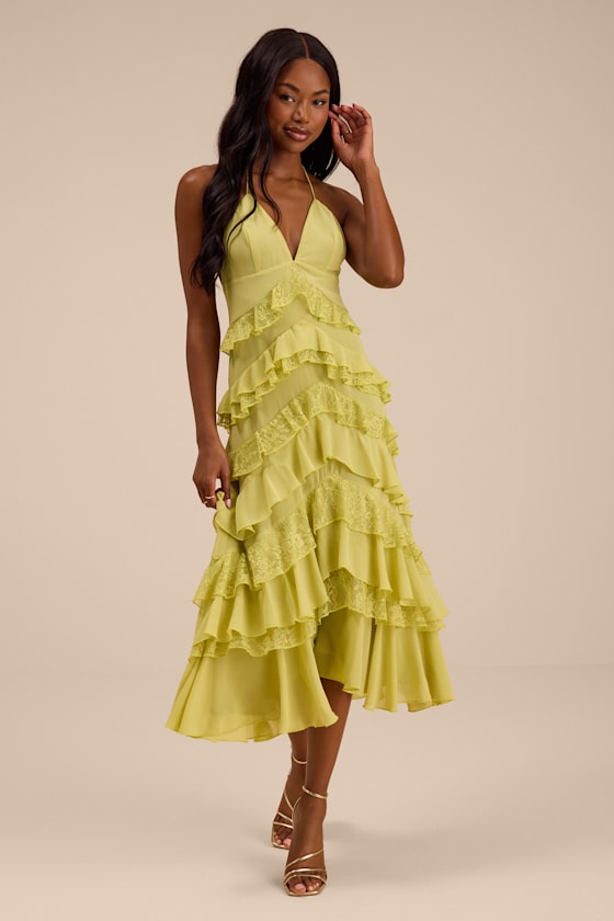 Melena Chartreuse Ruffled Lace Midi Dress