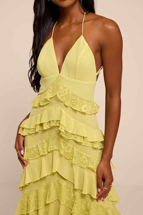 Melena Chartreuse Ruffled Lace Midi Dress