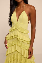 Melena Chartreuse Ruffled Lace Midi Dress