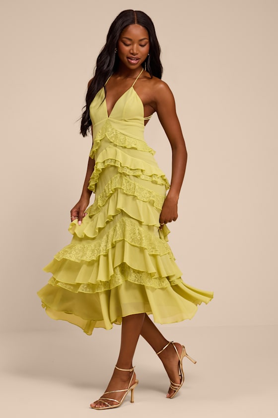 Melena Chartreuse Ruffled Lace Midi Dress