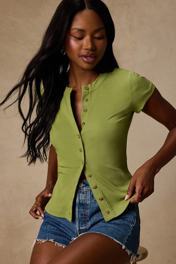 Annalena Lime Green Ribbed Button-Front Short Sleeve Top
