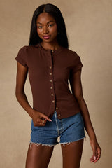 Annalena Brown Ribbed Button-Front Short Sleeve Top