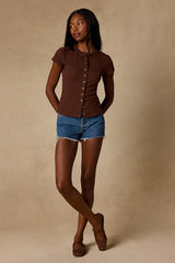 Annalena Brown Ribbed Button-Front Short Sleeve Top