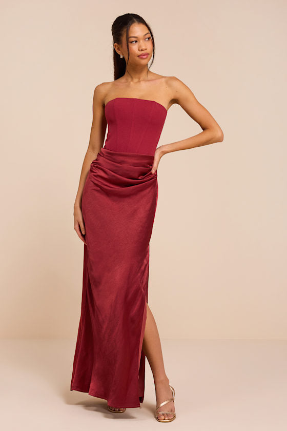 Mella Burgundy Mixed Media Strapless Maxi Dress